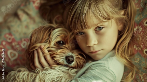 A little girl laying on a couch with a dog. Suitable for family and pet-related concepts