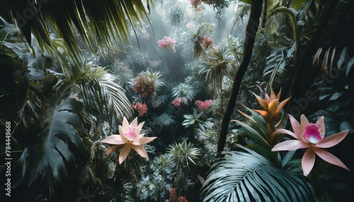 Overhead view of a dense rainforest canopy with interspersed bright orchids and bromeliads, highlighting the lushness and diversity of the tropical environment. photo