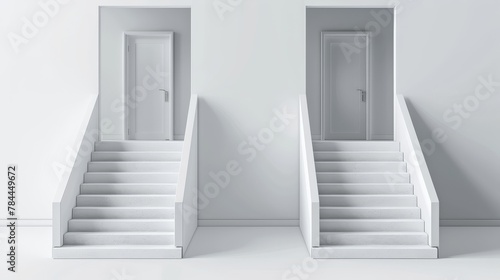 A 3D realistic depiction of two white staircases on each side of an entrance door. Modern illustration of abstract blank concrete stairs  an interior design element representing career growth and
