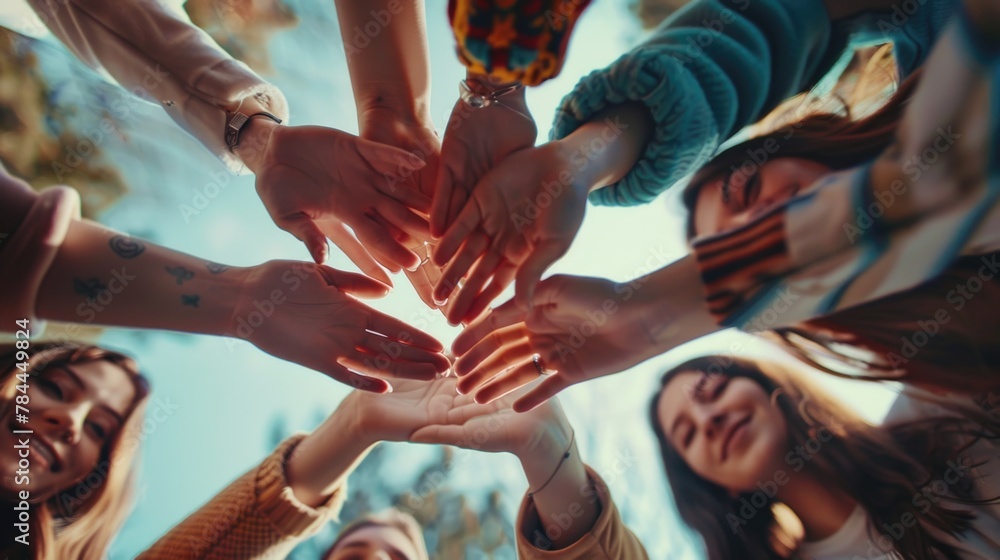 Obraz premium Group of people with hands together, teamwork concept. Suitable for business or teamwork themes