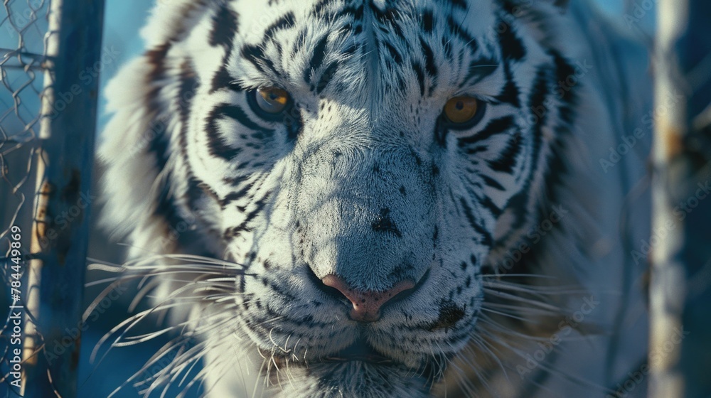 Close up of a tiger behind a fence, suitable for wildlife themes