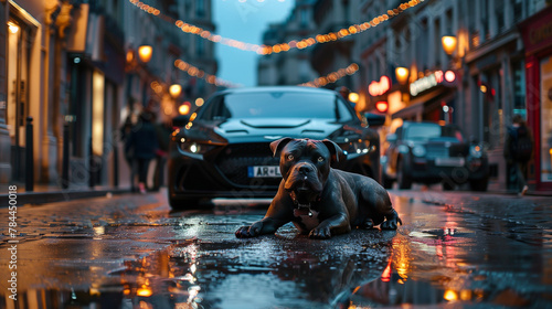 dog in the street in front of a car