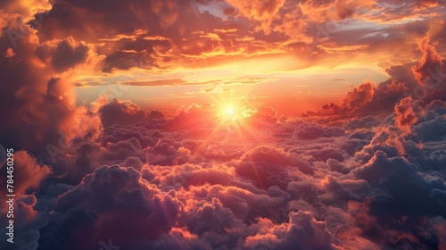 Beautiful sunset over fluffy clouds. Perfect for travel or nature concepts