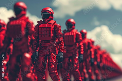 A group of red soldiers standing in a line. Suitable for military or patriotic themes