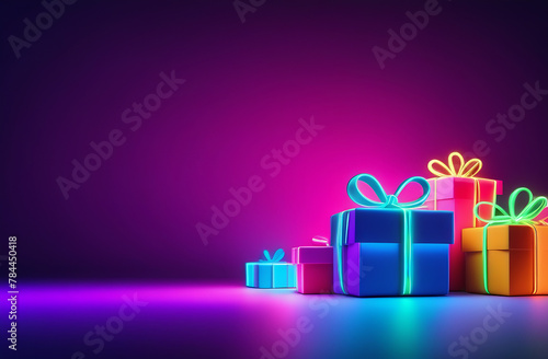 Lots of neon color gift boxes lying on neon background space for text. Discount sale background.