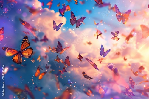A hoard of ponder butterflies rocketing toward the sky in a lovely cluttered setting enlivened by the lovely sun blue sky setting and space, Generative AI. photo