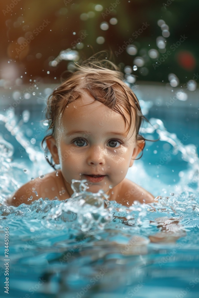 A baby swimming in a pool with water splashing around. Suitable for family and summer themed designs A baby swimming in a pool with water splashing around. Suitable for family and summer themed designs