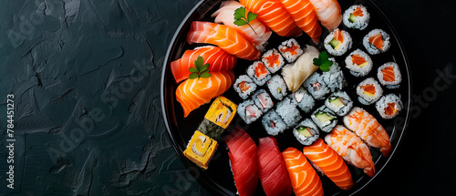 different types of sushi an a black background