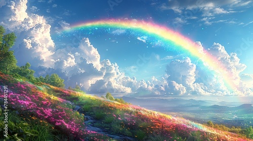  A rainbow painting in the sky, arching over a verdant hillside dotted with flowers Below, a winding stream runs through a lush, green foreground photo