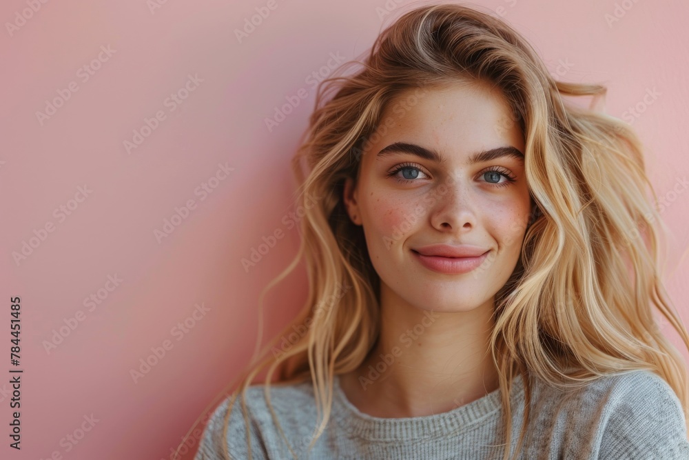 A young woman with blonde hair and a casual sweater poses thoughtfully against a soft pink background A young woman with blonde hair and a casual sweater poses thoughtfully against a soft pink background