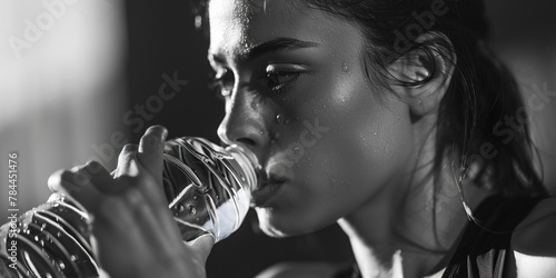 A woman hydrating with a bottle of water. Ideal for health and fitness concepts