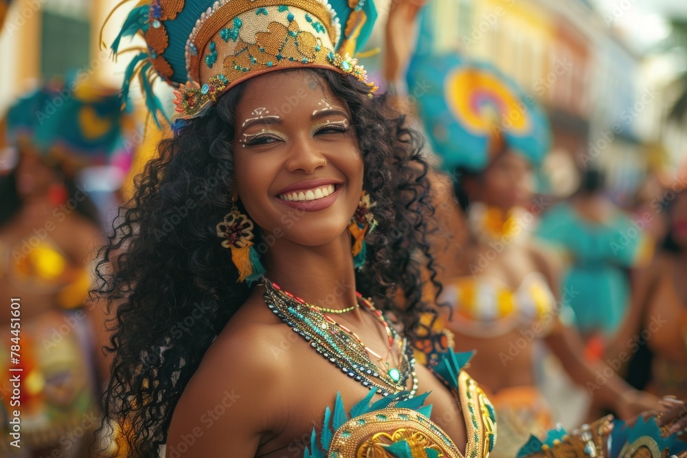 A joyful female dancer wearing an elaborate carnival costume with vibrant colors celebrates at a festive event