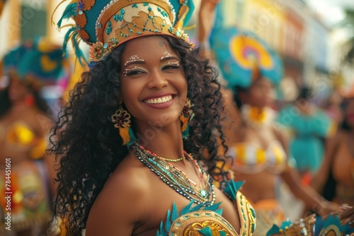 A joyful female dancer wearing an elaborate carnival costume with vibrant colors celebrates at a festive event © Larisa AI