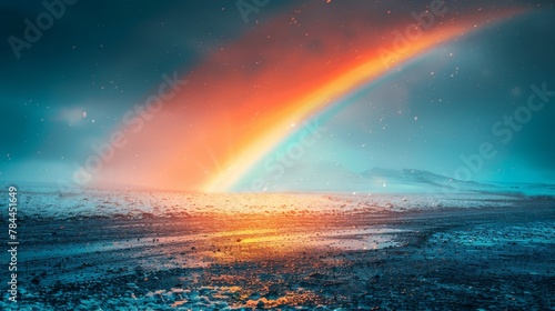   A rainbow brightens the sky over a barren landscape, where snow covers the ground, and a distant mountain stands © Igor