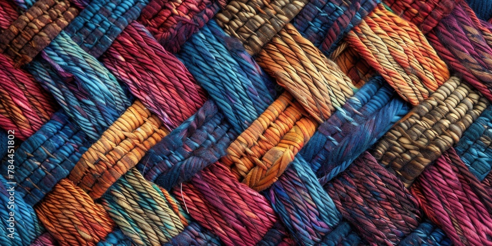 Close up of vibrant multicolored woven material, suitable for backgrounds or textures Close up of vibrant multicolored woven material, suitable for backgrounds or textures