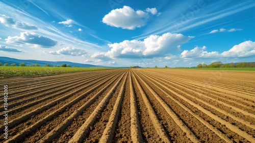 Furrows a plowed field prepared for planting crops in spring with clouds on blue sky in perspective photo