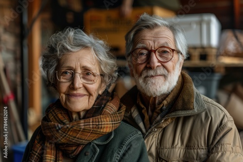 A loving senior couple poses together with a workshop backdrop, showcasing warmth and affection