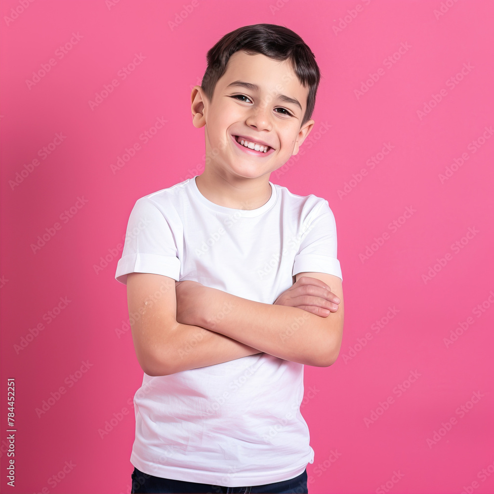 Cute boy smiling on pink background
Cute boy smiling on pink background