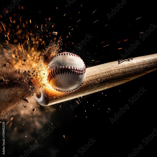 A baseball bat hit the ball on black background