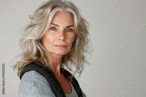 Serene portrait of a mature woman with beautiful gray hair and a comfortable, relaxed look