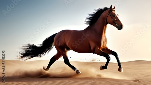 A brown horse is running through the desert