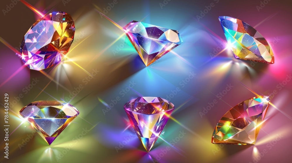 Modern realistic illustration of iridescent jewelry spectrum overlay, rainbow glare through crystal prism, sparkling precious gemstone. Modern realistic illustration of iridescent jewelry spectrum overlay, rainbow glare through crystal prism, sparkling precious gemstone.