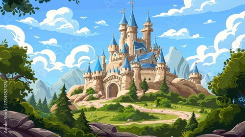 A fairytale castle on a rocky mountain landscape. Modern cartoon illustration of a medieval royal palace, fantasy forest trees, grass, bushes, blue skies with fluffy white clouds. Background for a photo