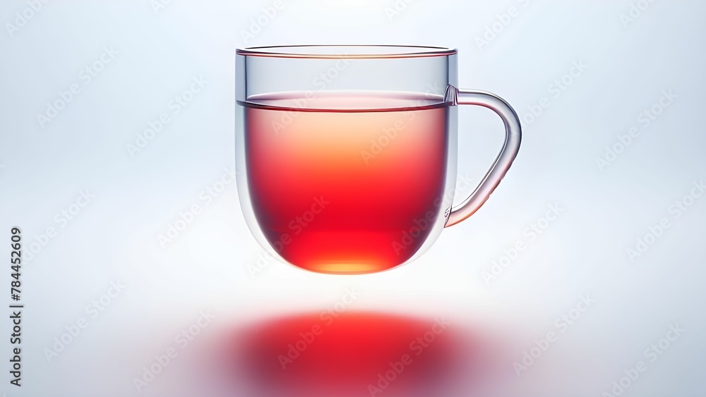 A glass cup containing a gradient mixture of transparent glowing red liquid on an abstract white background