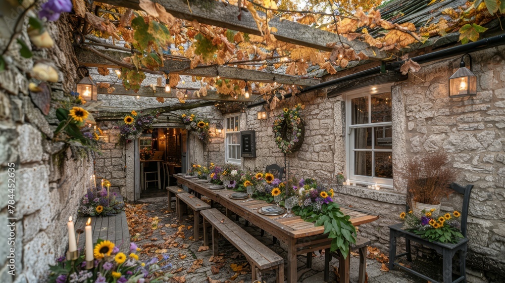   A stone building houses a wooden table and benches, sheltered by a pergola topped with sunflowers