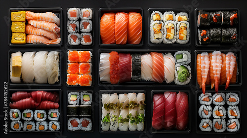 different types of sushi an a black background photo