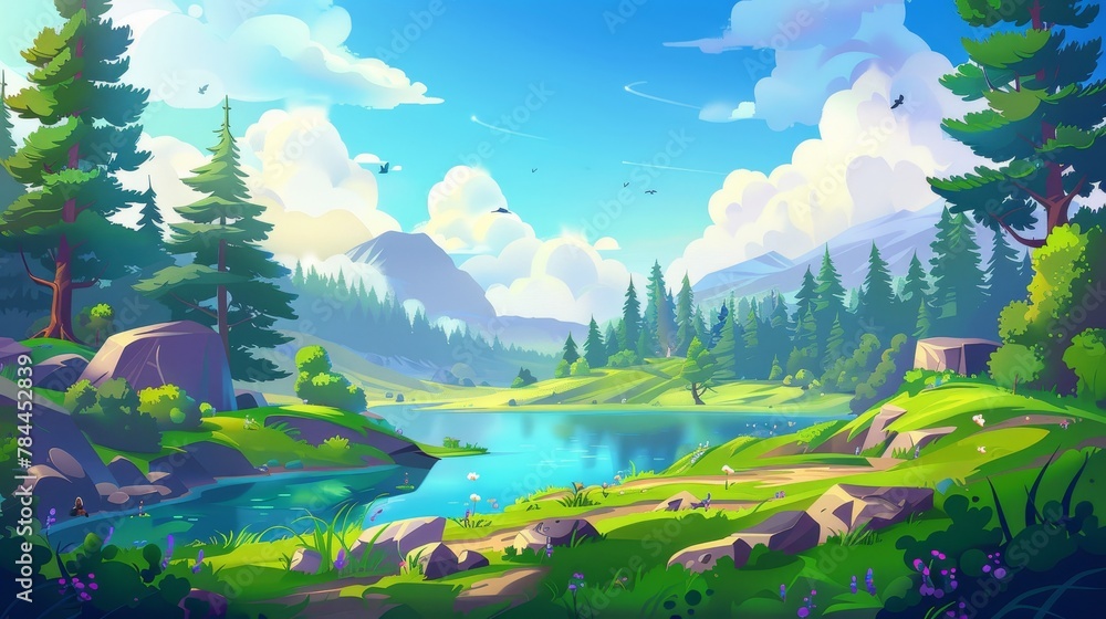 An illustration of a summer natural landscape with water in a lake or river in the forest on a sunny day. Modern illustration of a spring scene with blue water in pond, grass, trees and pines, sun,