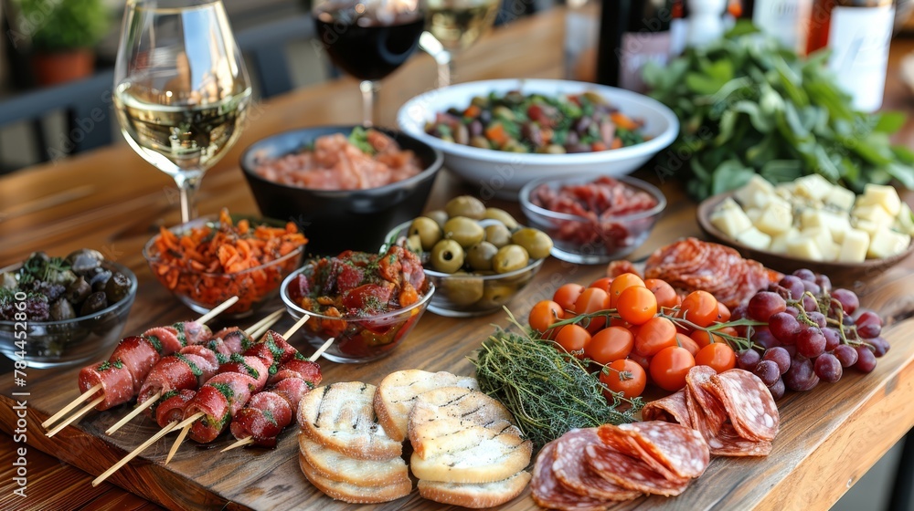 A wooden table, laden with plates of food and a glass of wine, sits beside a ceramic bowl overflowing with fruit and vegetables A wooden table, laden with plates of food and a glass of wine, sits beside a ceramic bowl overflowing with fruit and vegetables