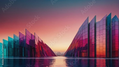 An image of abstract architectural structures characterized by vibrant color gradients, creating a visually striking and dynamic composition. photo
