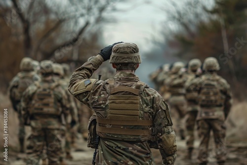 A soldier stands saluting in focus while a group of soldiers marches out of focus in the background signifying leadership and teamwork