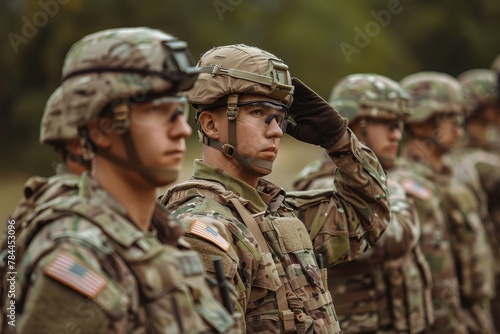 A focused group of soldiers in uniform performing a salute with one prominently featured in sharp focus against a blurred background