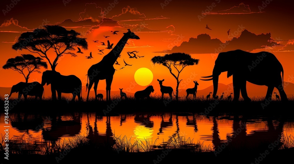   A group of giraffes and zebras are silhouetted against an orange sunset at the water's edge