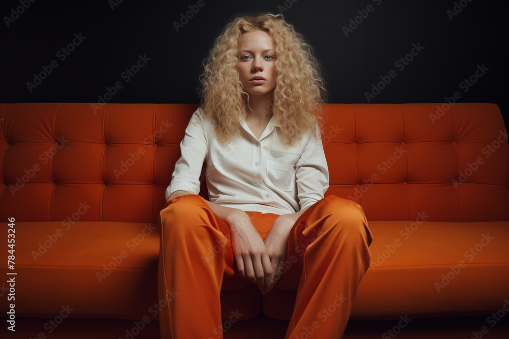 Fashionable woman with curly blonde hair seated on orange sofa, stylish contrast portrait.