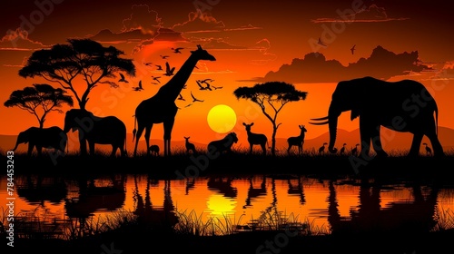   A group of giraffes and zebras are silhouetted against an orange sunset at the water's edge © Igor