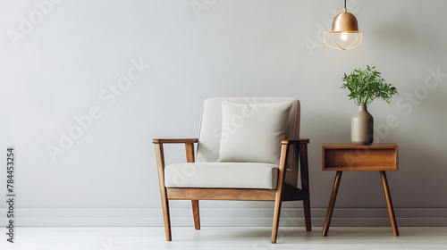 Furniture with simple, clean lines. In the spirit of hygge. Copy space.
