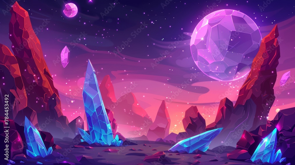 Cartoon game fantasy cliff mountain landscape with cliffs, crystals and gems on purple sky, looking like an alien world. There is a rocky surface with a blue glowing crystal embedded in the rocks Cartoon game fantasy cliff mountain landscape with cliffs, crystals and gems on purple sky, looking like an alien world. There is a rocky surface with a blue glowing crystal embedded in the rocks