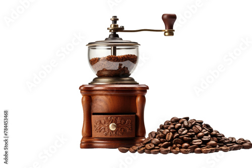 Aromatic Beans: Coffee Grinder Beside Freshly Roasted Coffee Beans. On White or PNG Transparent Background.