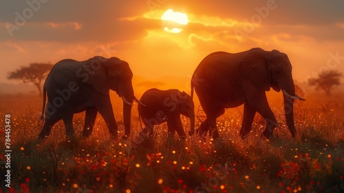  Two adults and a baby elephant traverse a field filled with wildflowers against a sunlit backdrop