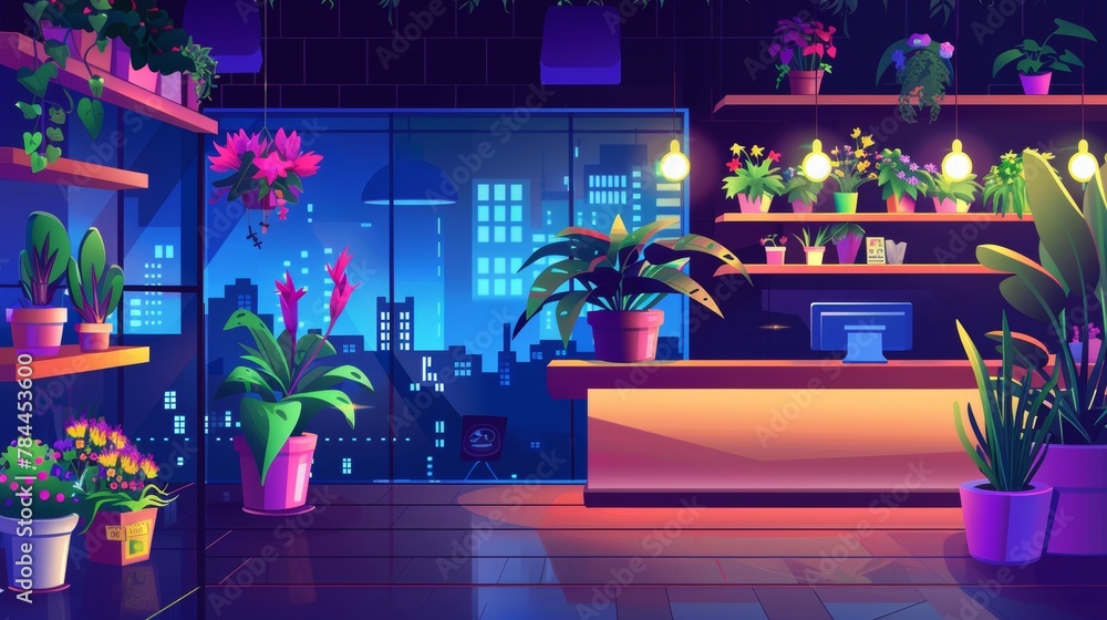 The interior of a florist store at night, illustrated in cartoon modern style with plants in pots, bouquets on wooden shelves, cash desks, and large windows overlooking the city. The interior of a florist store at night, illustrated in cartoon modern style with plants in pots, bouquets on wooden shelves, cash desks, and large windows overlooking the city.
