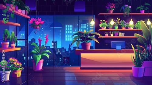 The interior of a florist store at night, illustrated in cartoon modern style with plants in pots, bouquets on wooden shelves, cash desks, and large windows overlooking the city.