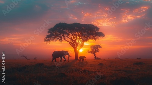   A herd of elephants atop a verdant field, beneath a radiant red-yellow sky, as the sun sets © Igor