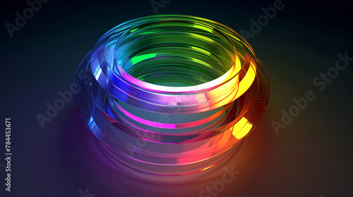 Layered 3D rainbow slices form a glowing, multidimensional circular object.