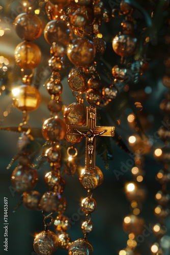 A religious cross hanging from a chain of beads. Suitable for religious themes or spiritual concepts
