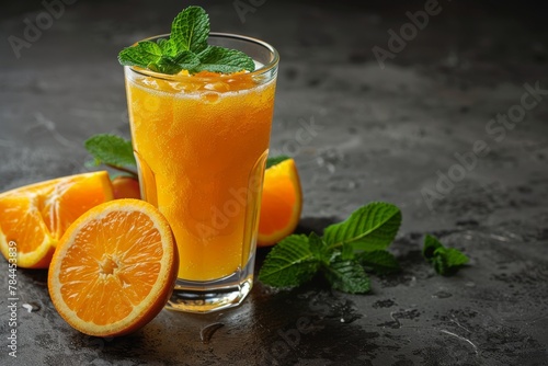 A vivid close-up shot of a glass filled with freshly squeezed orange juice adorned with mint leaves