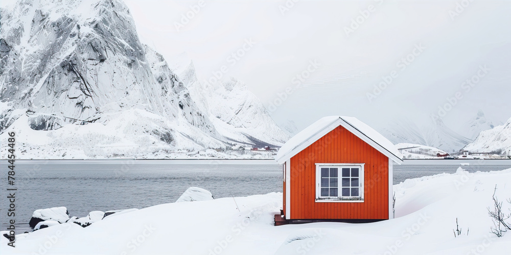 Fototapeta premium A small orange house stands on the shore of a lake in the mountains 