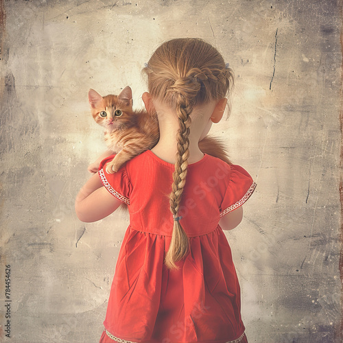 A little girl holds a kitten on her shoulder. Retro photo.
